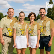Load image into Gallery viewer, Golf team wearing matching banana golf polos during charity golf event, personalized team apparel representing friendship, teamwork, humor and positive team spirit.