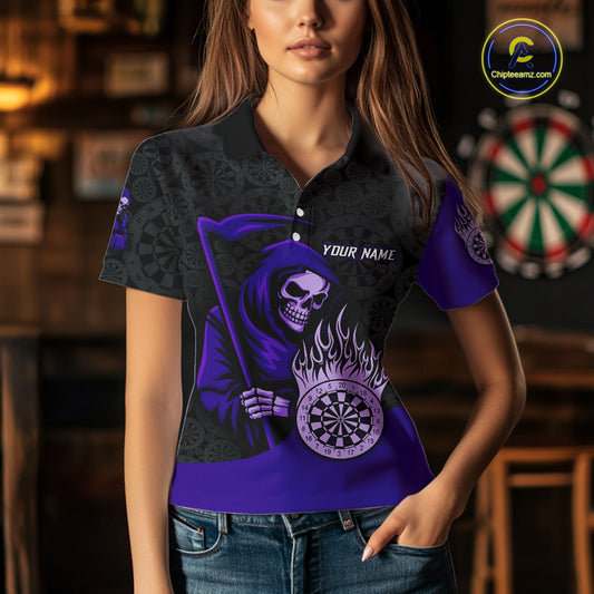 Custom Purple Grim Reaper Flame Dartboard Dart Polo Jerseys For Women Dart Shirt Gifts NYN1645
