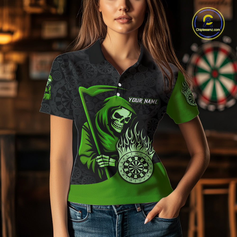 Custom Green Grim Reaper Flame Dartboard Dart Polo Jerseys For Women Dart Shirt Gifts NYN1647