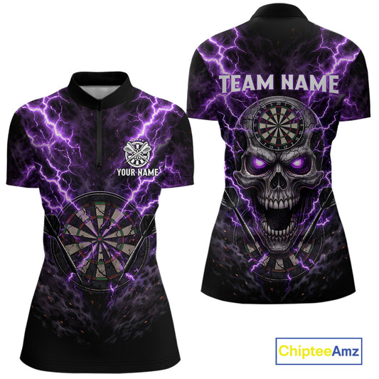 Thunder Lightning Purple Cracked Skull Dartboard Dart 1/4-Zip Shirts For Women Custom Dart Team Shirts NYN2676