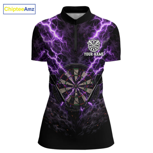 Thunder Lightning Purple Cracked Skull Dartboard Dart 1/4-Zip Shirts For Women Custom Dart Team Shirts NYN2676