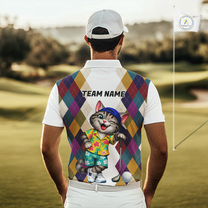 Mens Colorful Argyle Golf Shirts Custom Cat Golfer Clothing Golf Polo Jersey, Best Golf Gifts NYN3052