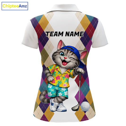Womens Colorful Argyle Golf Shirts Custom Cat Golfer Clothing Golf Polo Jersey, Best Golf Gifts NYN3052
