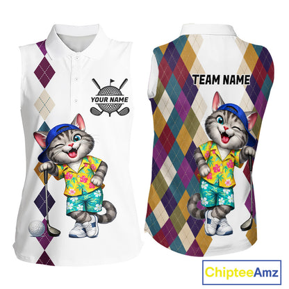 Womens Colorful Argyle Golf Shirts Custom Cat Golfer Golf Sleeveless Polo Jersey, Best Golf Gifts NYN3052