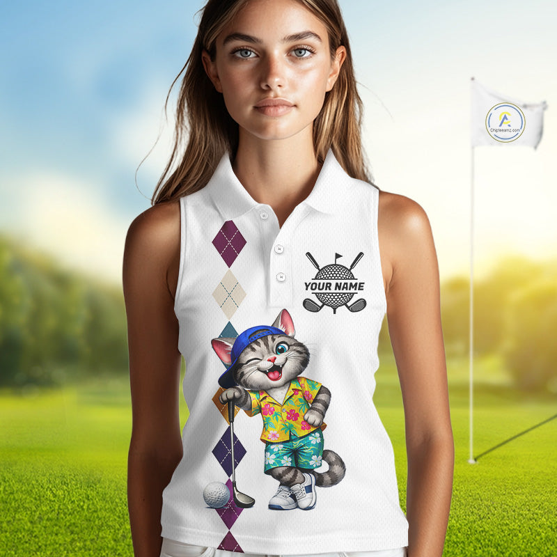 Womens Colorful Argyle Golf Shirts Custom Cat Golfer Golf Sleeveless Polo Jersey, Best Golf Gifts NYN3052