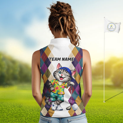 Womens Colorful Argyle Golf Shirts Custom Cat Golfer Golf Sleeveless Polo Jersey, Best Golf Gifts NYN3052