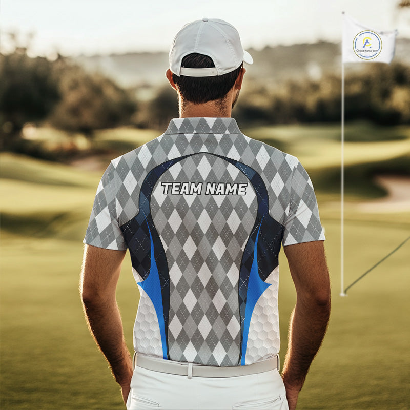 Blue And Grey Argyle Polo Golf Shirts For Men Custom White Ball Golf Team Attire For Golfers NYN3058