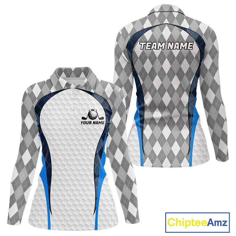Blue And Grey Argyle Polo Golf Shirts For Women Custom White Ball Golf Team Attire For Golfers NYN3058