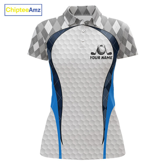 Blue And Grey Argyle Polo Golf Shirts For Women Custom White Ball Golf Team Attire For Golfers NYN3058