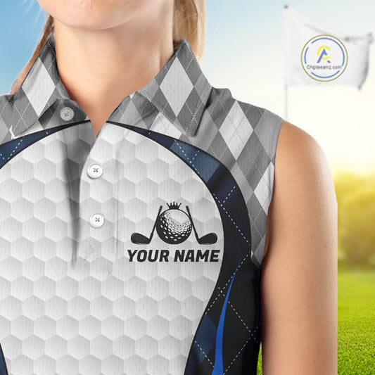 Blue And Grey Argyle Sleeveless Polo Golf Shirts For Women Custom White Ball Golf Attire For Golfers NYN3058