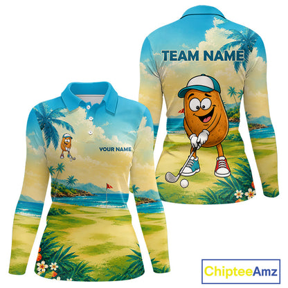 Women's funny potato golf polo shirt mockup tropical golf apparel