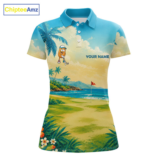 Women's funny potato golf polo shirt mockup tropical golf apparel