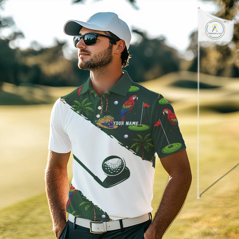 Man wearing parrot palm tree golf polo shirt on sunny golf course