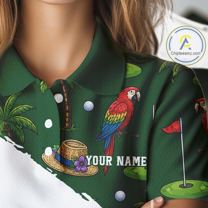Woman wearing parrot palm tree golf polo shirt on sunny golf course
