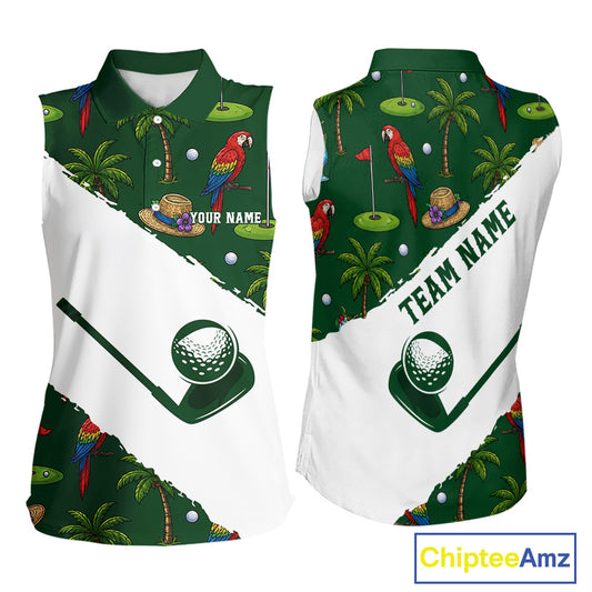 Women's parrot palm tree golf sleeveless polo shirt mockup tropical golf apparel