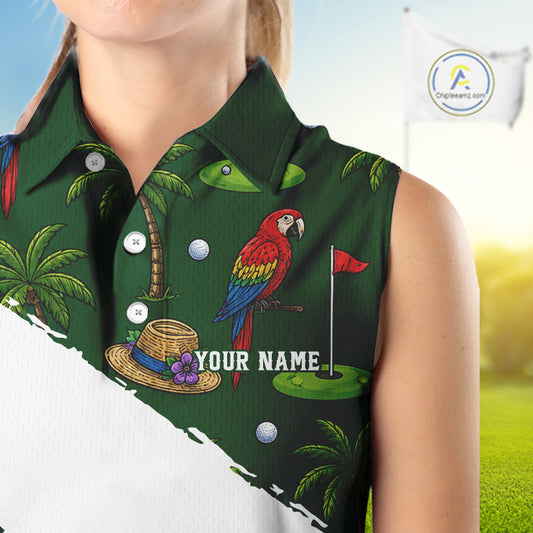 Woman wearing parrot palm tree golf sleeveless polo shirt on sunny golf course