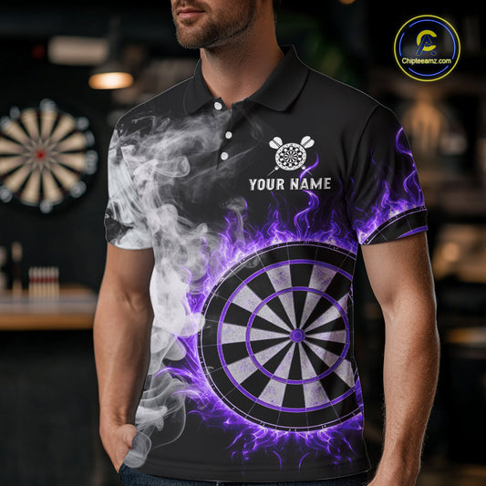 Custom White Smokes Purple Flames Dartboard Dart Men Polo Jerseys Dart Team Shirt NYN1669