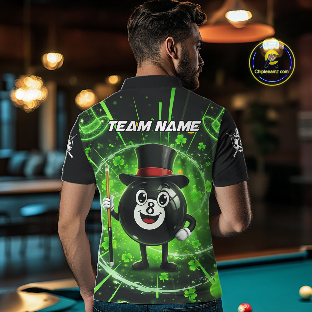 Funny Patrick Day 8 Ball Pool Men's Billiard Polo & 1/4 Zip Shirt Custom Shamrock Billiard Attire NYN2479