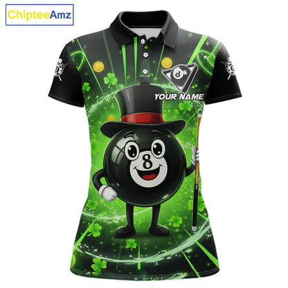 Funny Patrick Day 8 Ball Pool Women's Billiard Polo & 1/4 Zip Shirt Custom Shamrock Billiard Attire NYN2479
