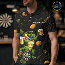 Load image into Gallery viewer, Man wearing beer and alligator dart shirt funny dart player apparel