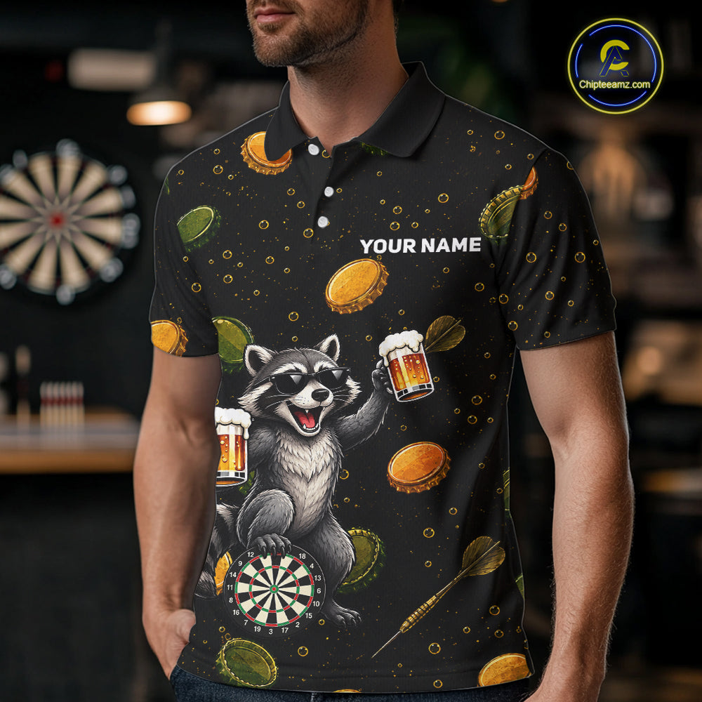 Man wearing beer and raccoon dart shirt funny dart player apparel