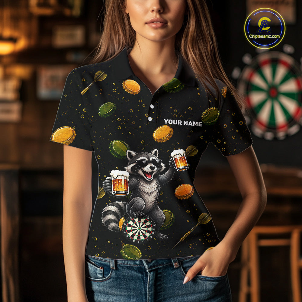 Woman wearing beer and raccoon dart shirt funny dart player apparel