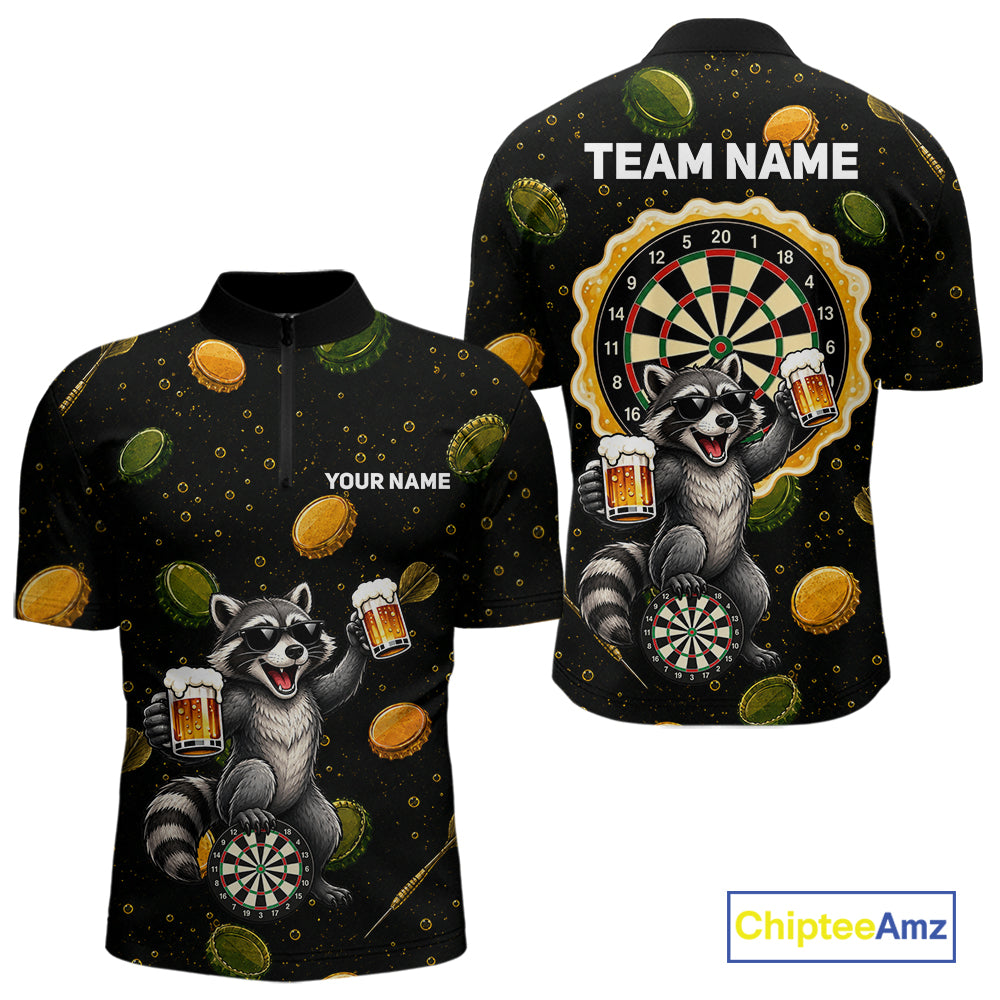 Men's beer and raccoon dart quarter zip shirt mockup custom dart apparel