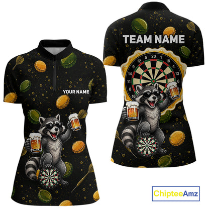 Women's beer and raccoon dart quarter zip shirt mockup custom dart apparel