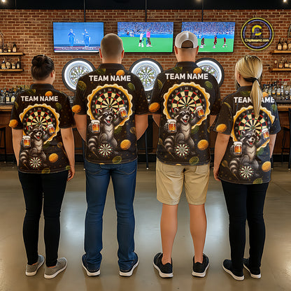 Men's dart team wearing beer and raccoon dart jerseys custom tournament uniforms