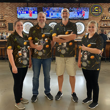Load image into Gallery viewer, Men's dart team wearing beer and raccoon dart jerseys custom tournament uniforms