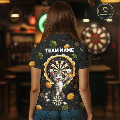 Woman wearing beer and cat dart shirt funny dart player apparel