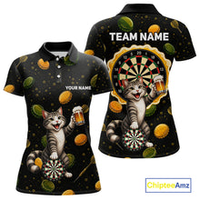 Load image into Gallery viewer, Women's beer and cat dart polo shirt mockup funny dart team jersey