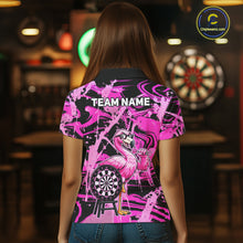 Load image into Gallery viewer, Woman wearing funny flamingo pink dart shirt custom tournament apparel