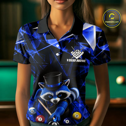 Funny Raccoon 8 Ball Billiard Shirt For Women Custom Blue Broken Glass Pool Polo & 1/4 Zip Jersey NYN3790