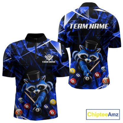Funny Raccoon 8 Ball Billiard Shirt For Men Custom Blue Broken Glass Pool Polo & 1/4 Zip Jersey NYN3790