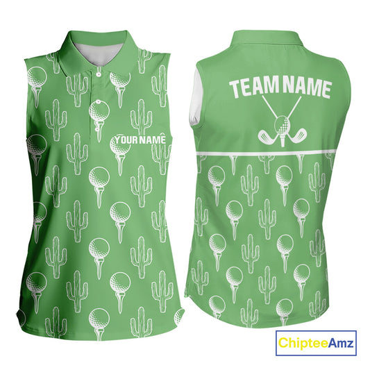 Personalized Desert Cactus Green Pattern Womens Golf Sleeveless Polo Shirts Custom Funny Cactus Golf Gifts NYN2844