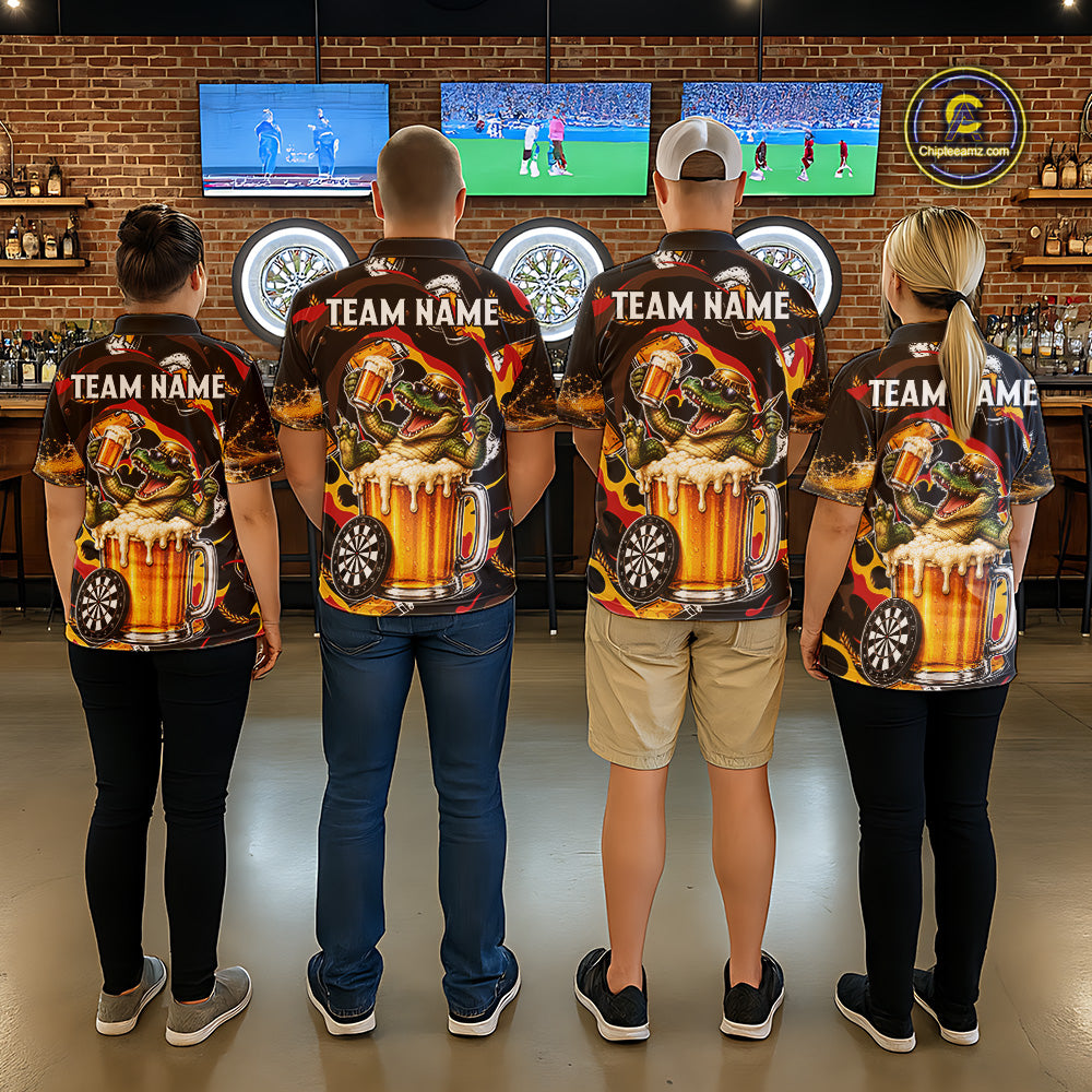 Men women dart team wearing Alligator Beer professional dart jerseys for league and tournament events