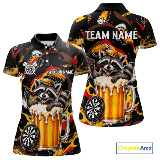 Raccoon Beer women's dart polo shirt personalized dart team uniform, custom name dart jersey, tournament apparel