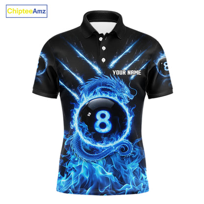 Blue Flaming Dragon Pool 8 Ball Men Billiard Team Shirt Custom Billiard Polo & 1/4-Zip Attire NYN2497