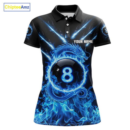 Blue Flaming Dragon Pool 8 Ball Women Billiard Team Shirt Custom Billiard Polo & 1/4-Zip Attire NYN2497