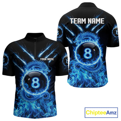 Blue Flaming Dragon Pool 8 Ball Men Billiard Team Shirt Custom Billiard Polo & 1/4-Zip Attire NYN2497