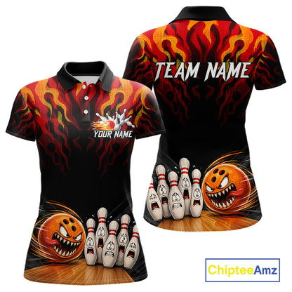 Funny Angry Ball & Pins Women Bowling Shirt Custom Fire Flame Team Bowling Jersey For Bowlers NYN3232