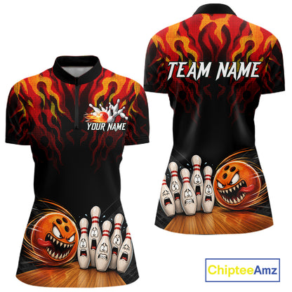 Funny Angry Ball & Pins Women Bowling Shirt Custom Fire Flame Team Bowling Jersey For Bowlers NYN3232