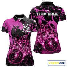 Load image into Gallery viewer, Black and Pink Splatter Galaxy women's bowling polo shirt custom bowling team jersey, ladies bowling uniform, personalized bowling apparel