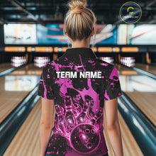 Load image into Gallery viewer, Female bowler wearing Black and Pink Galaxy bowling jersey during bowling tournament and league competition