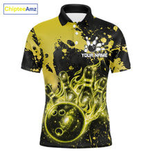 Load image into Gallery viewer, Black and Yellow Splatter Galaxy men's bowling polo shirt custom bowling team uniform, tournament bowling jersey