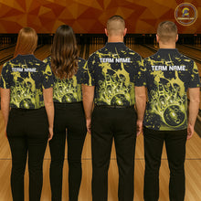 Load image into Gallery viewer, Men women bowling team wearing Black and Yellow Galaxy custom bowling jerseys for tournaments and league play