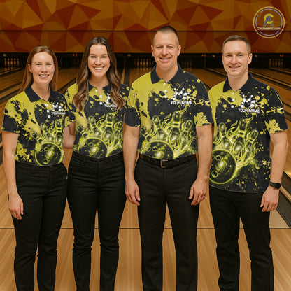 Men women bowling team wearing Black and Yellow Galaxy custom bowling jerseys for tournaments and league play