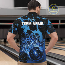 Load image into Gallery viewer, Male bowler wearing Black and Blue Galaxy bowling shirt during professional bowling competition