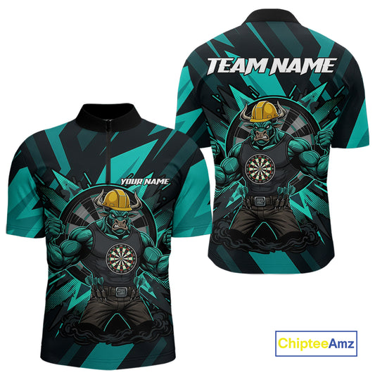 Turquoise Funny Muscle Bull Dartboard Custom Funny Darts Quarter-Zip Shirt For Men Dart Jerseys NYN1955